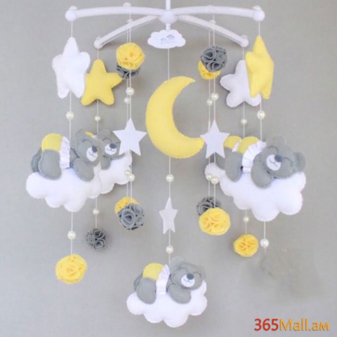 Մանկական օրորոցային մոբիլ,մոխրագույն,դեղին,սպիտակ,լուսին,աստղ,փոքրիկ արջուկներ